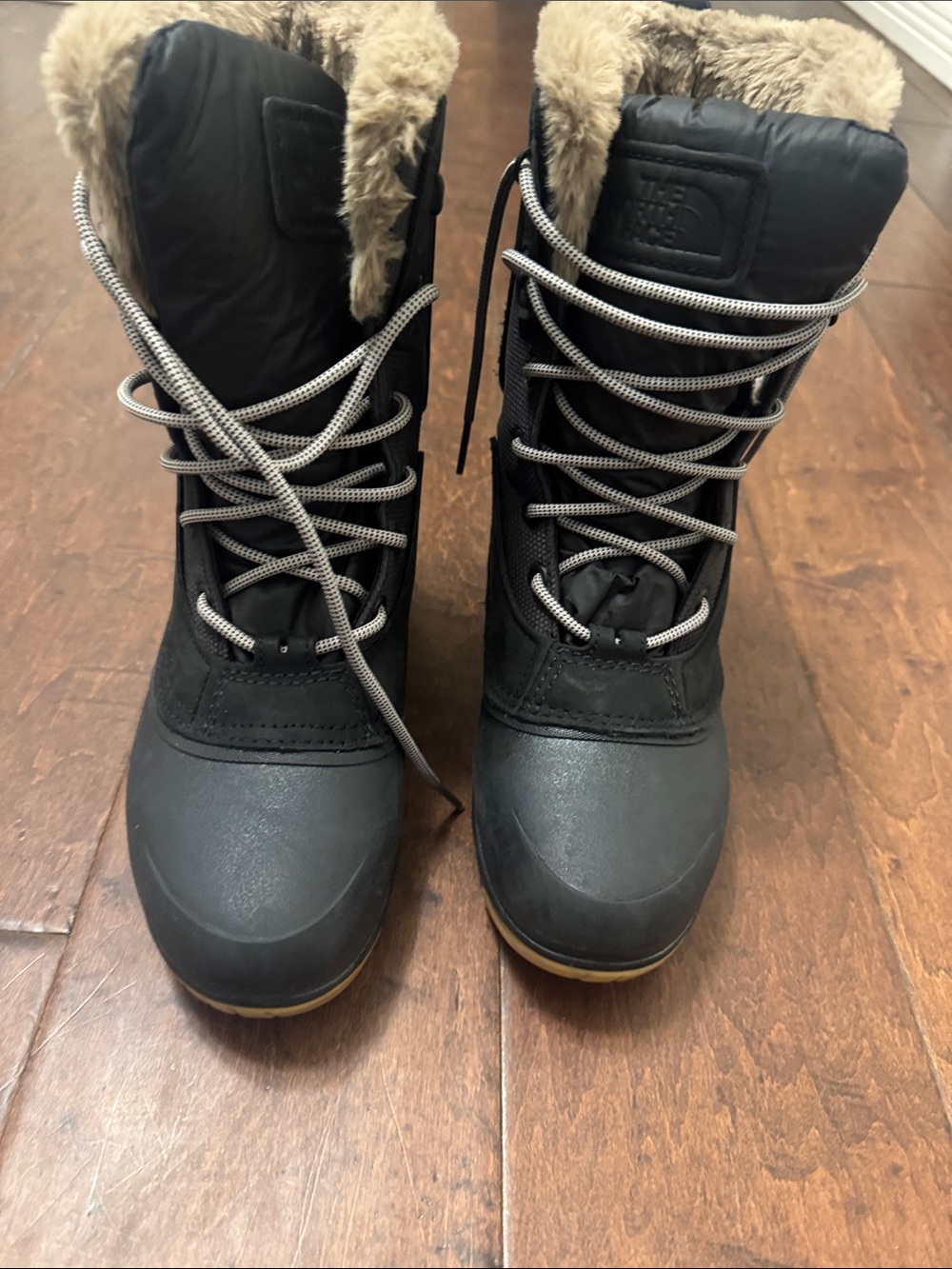 The North Face Women's Black Winter Boots with Tan Faux Fur Trim